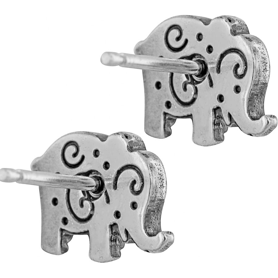 Brighton silver-plated elephant stud earrings with engraved swirl and dot detailing on a white background