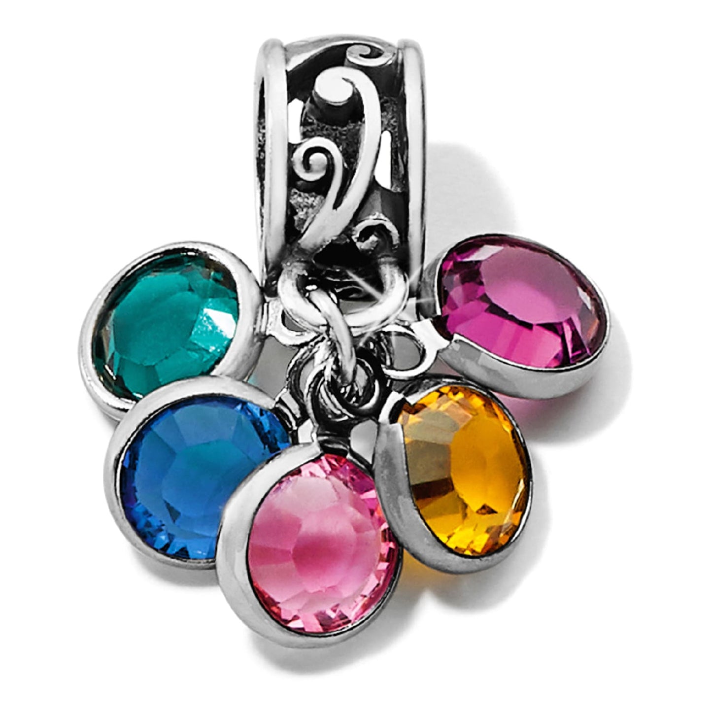 Brighton charm with five colorful crystal drops and silver-plated scrollwork bail on a white background