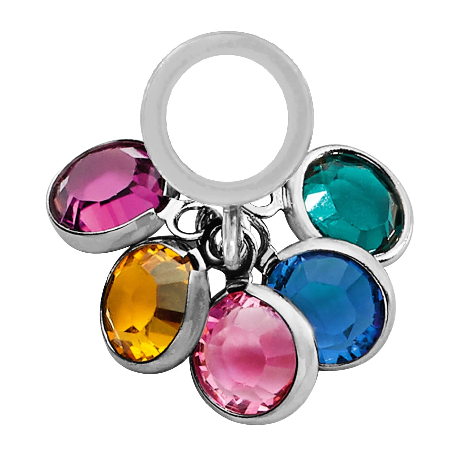 Brighton charm with pink, teal, yellow, blue, and magenta crystal drops and silver-plated ring on a white background