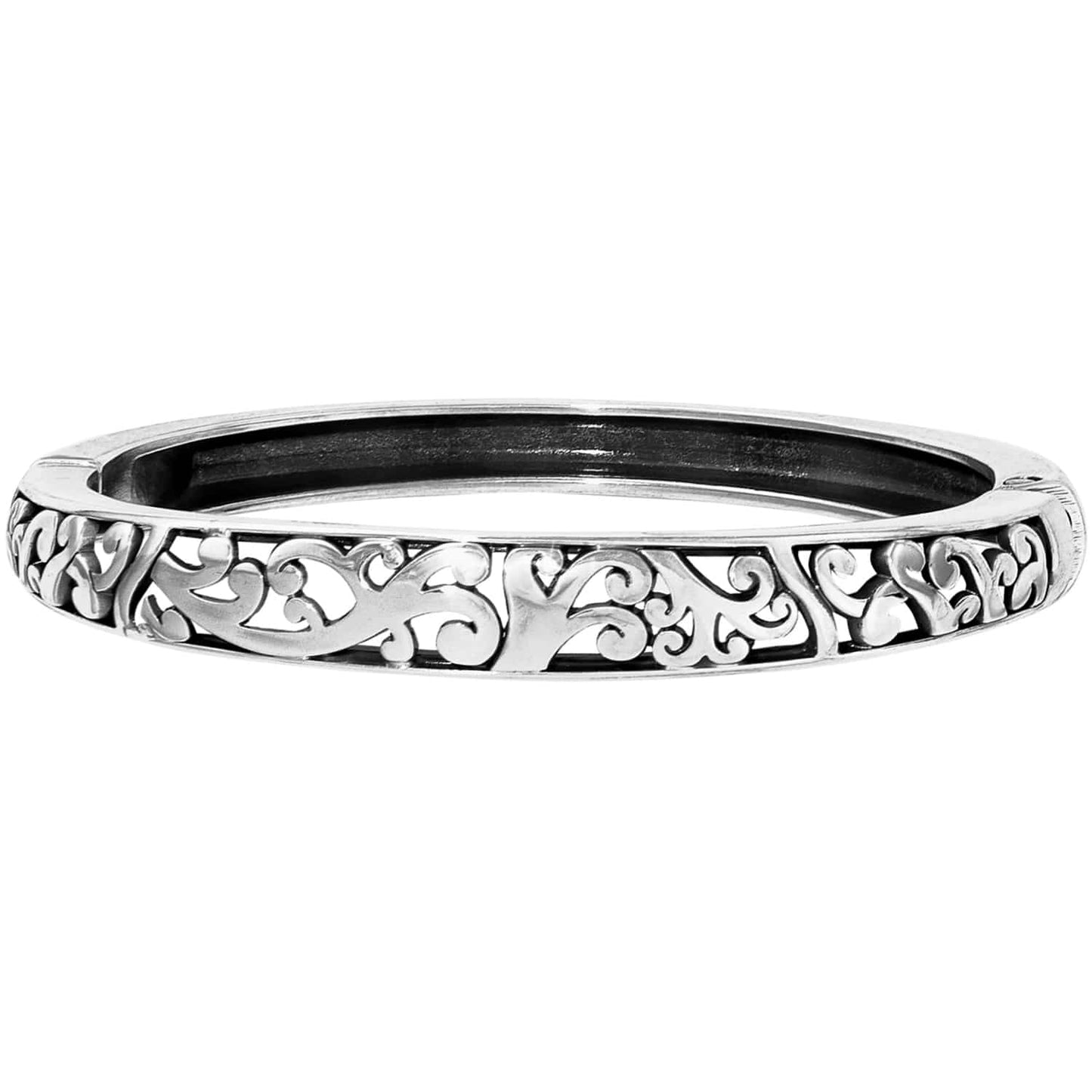 Brighton bangle bracelet with silver-tone openwork scroll design and polished edges on a white background