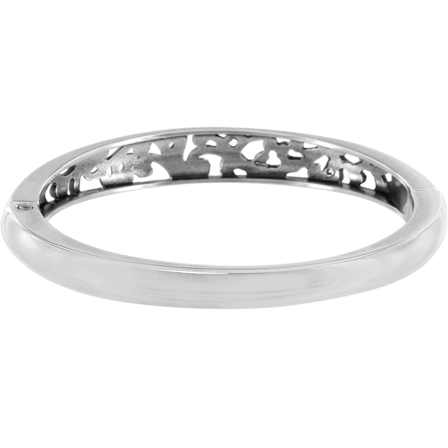 Brighton bangle bracelet with polished silver-tone finish and openwork scroll detailing along inner edge on a white background