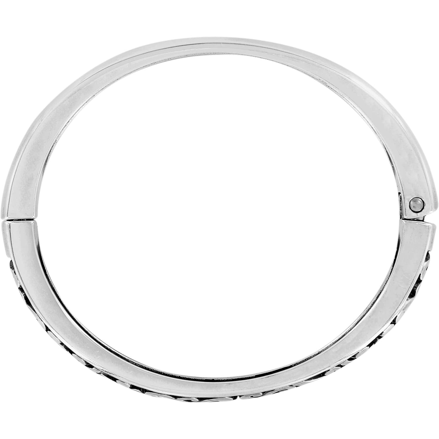 Brighton hinged bangle bracelet shown from the side with silver-plated finish and hinge closure on a white background