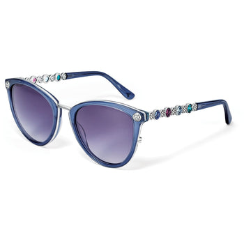 Brighton cat-eye sunglasses with blue frames, gradient lenses, and silver-tone temples with multicolored crystal accents on a white background