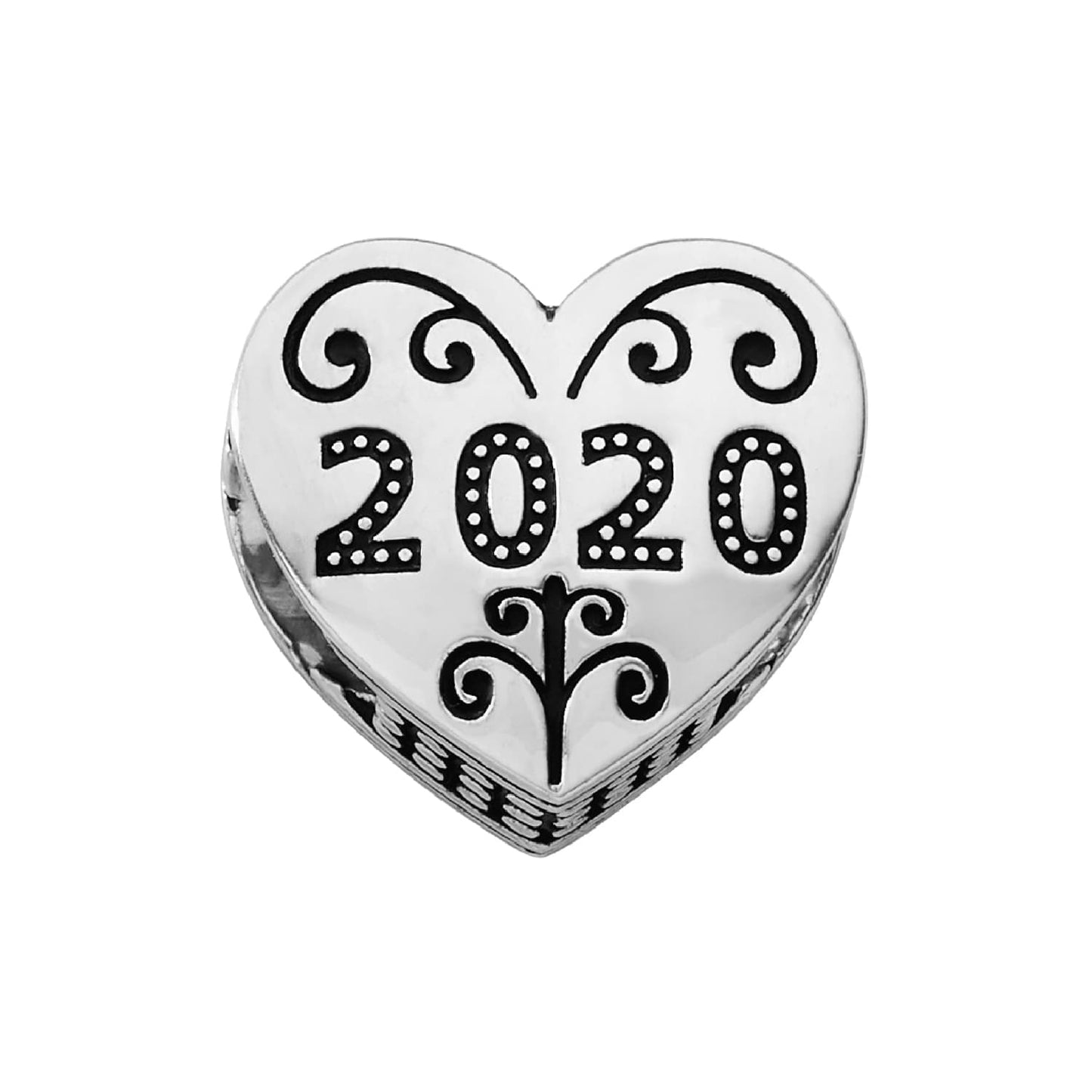 Brighton heart charm with silver-plated finish, engraved 2020 and decorative scrollwork detail on a white background