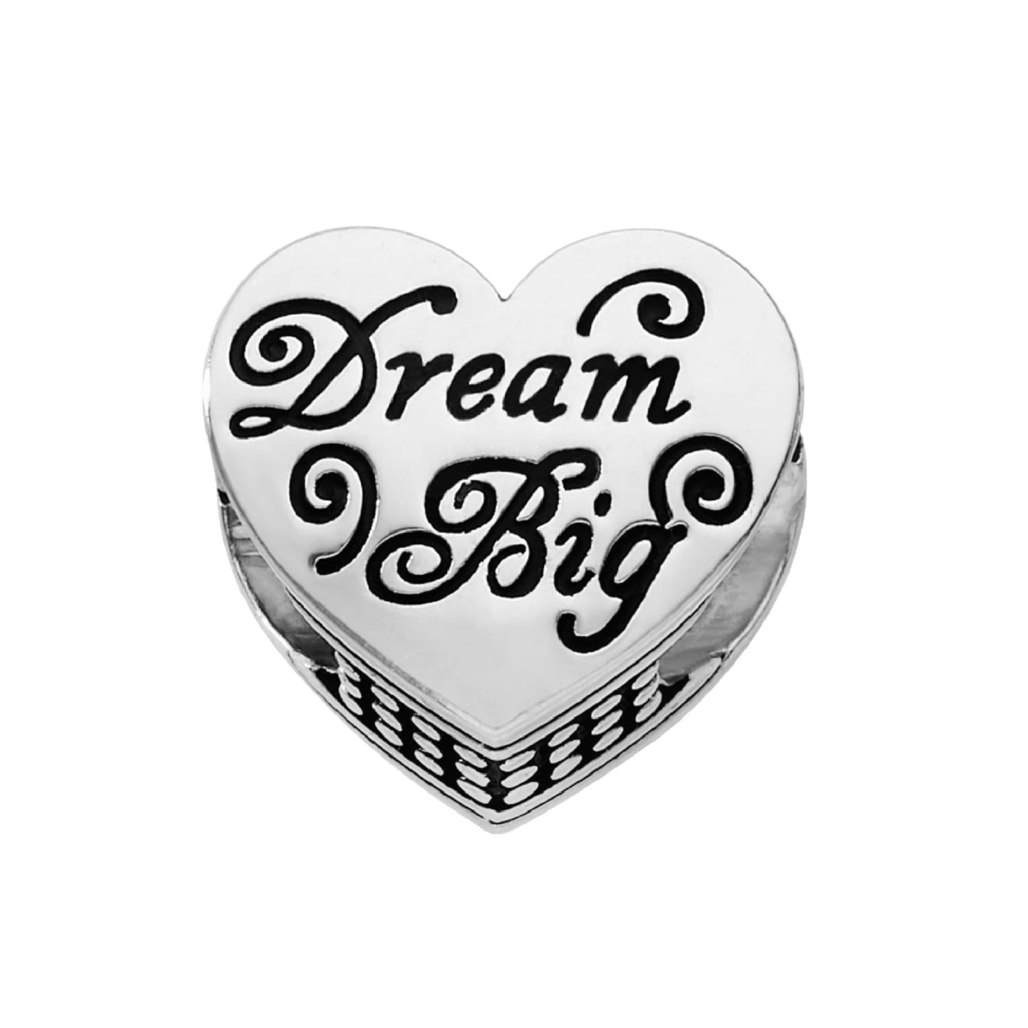 Brighton heart charm bead with silver-plated finish and engraved Dream Big script lettering on a white background