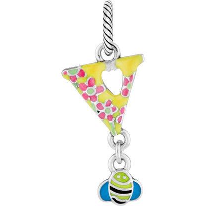 Brighton letter Y charm with yellow floral enamel design and dangling bumblebee accent on a white background