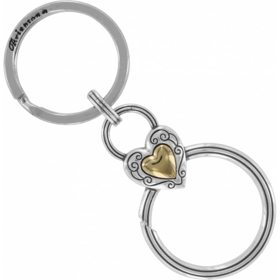 Brighton key ring with two-tone heart centerpiece featuring gold heart accent and scrolled silver-tone frame on a white background