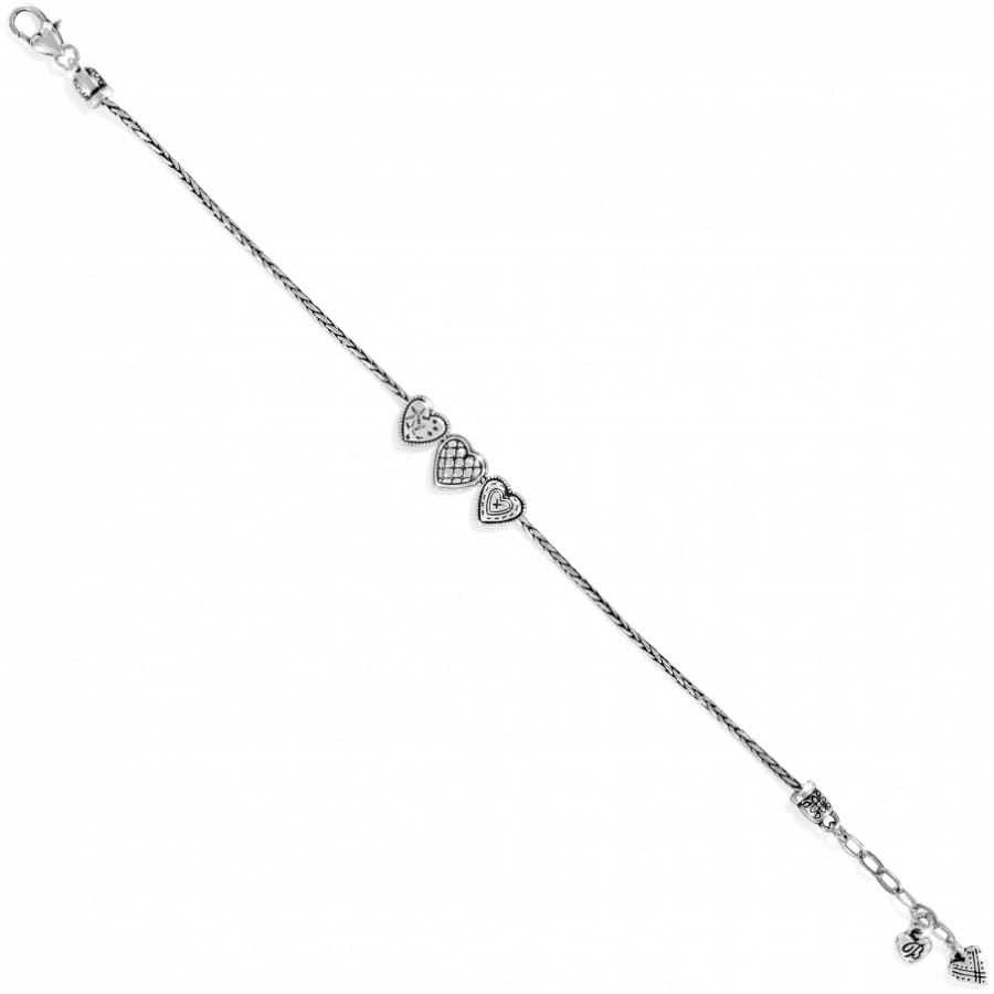 Brighton silver-plated bracelet with three heart charms, crystal accents, and lobster clasp on a white background