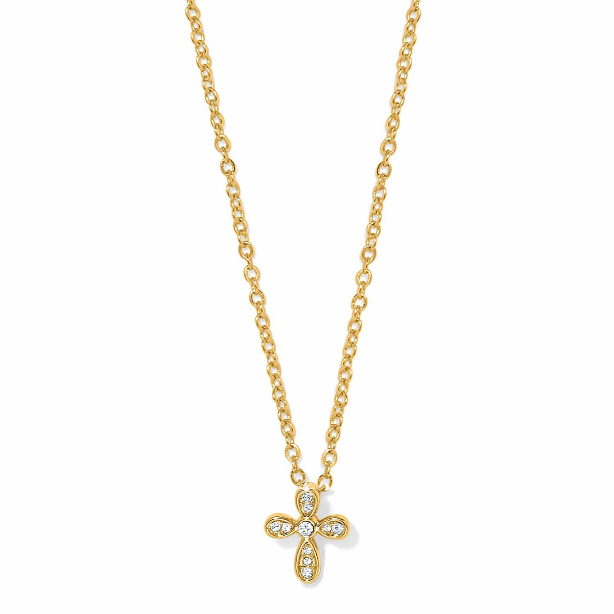 Brighton pendant necklace with gold-plated chain and small crystal-set cross pendant on a white background