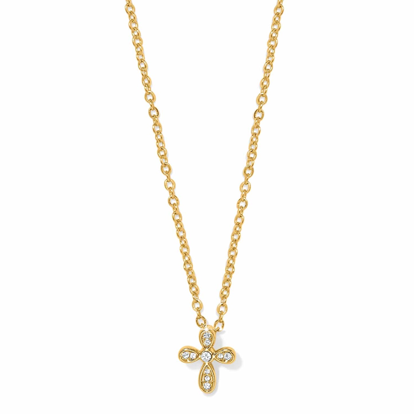 Brighton pendant necklace with gold-plated chain and small crystal-set cross pendant on a white background