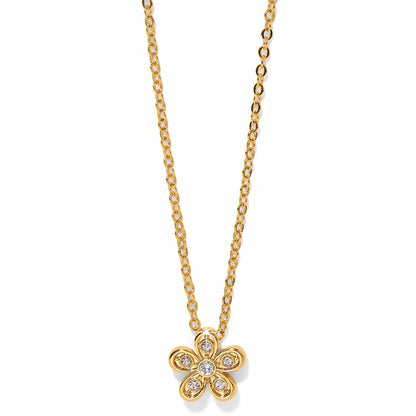 Brighton pendant necklace with gold-plated flower charm and crystal accents on delicate chain on a white background