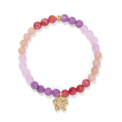 Brighton beaded bracelet with pink and purple beads and gold-plated crystal flower charm on a white background