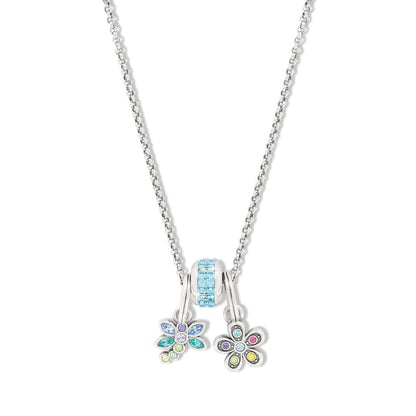 Brighton silver-plated necklace with aqua crystal bead and two colorful crystal flower charms on a white background