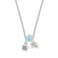 Brighton pendant necklace with blue crystal bead and two silver-plated flower charms on a white background