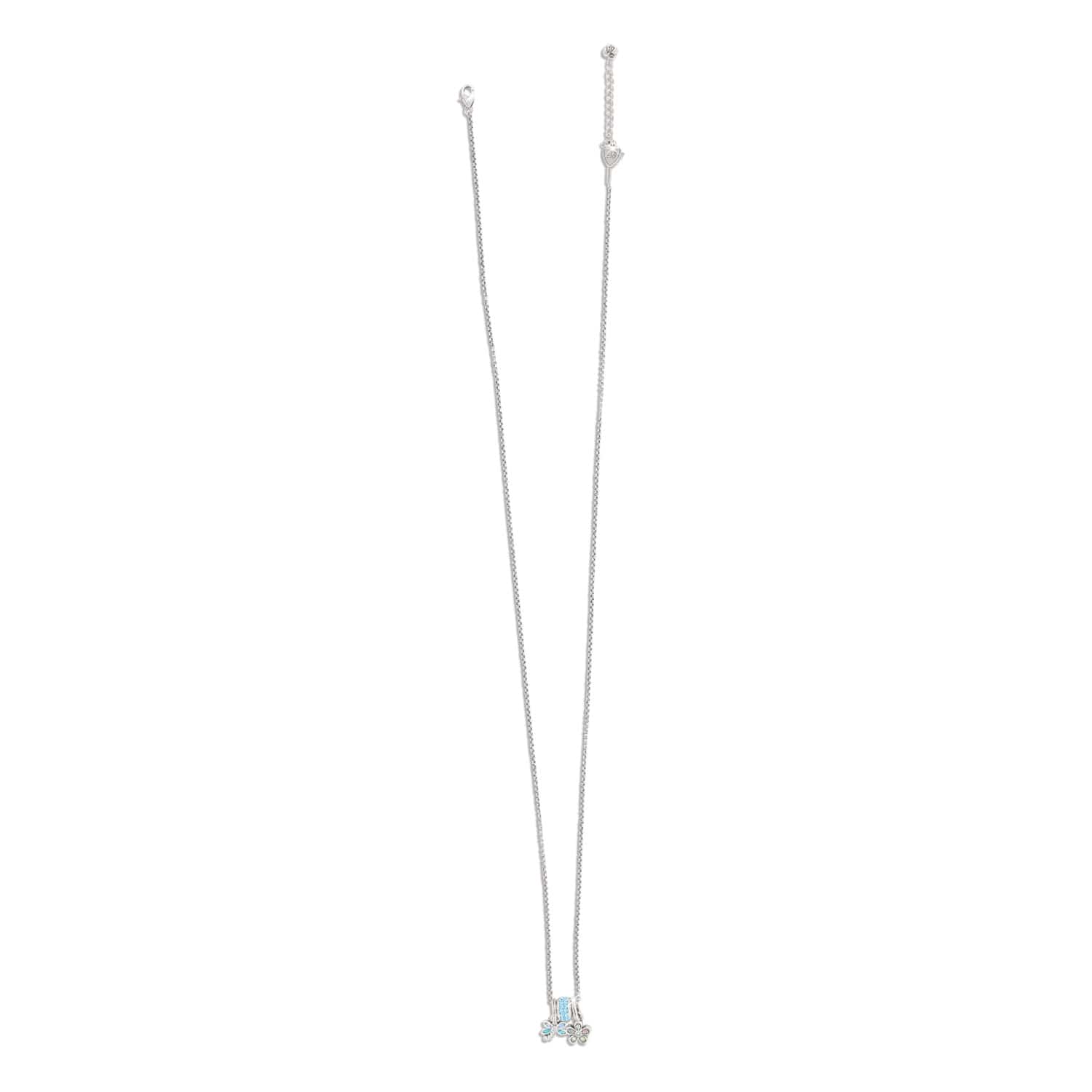 Brighton silver-plated necklace with blue crystal and enamel floral pendant charms on a white background
