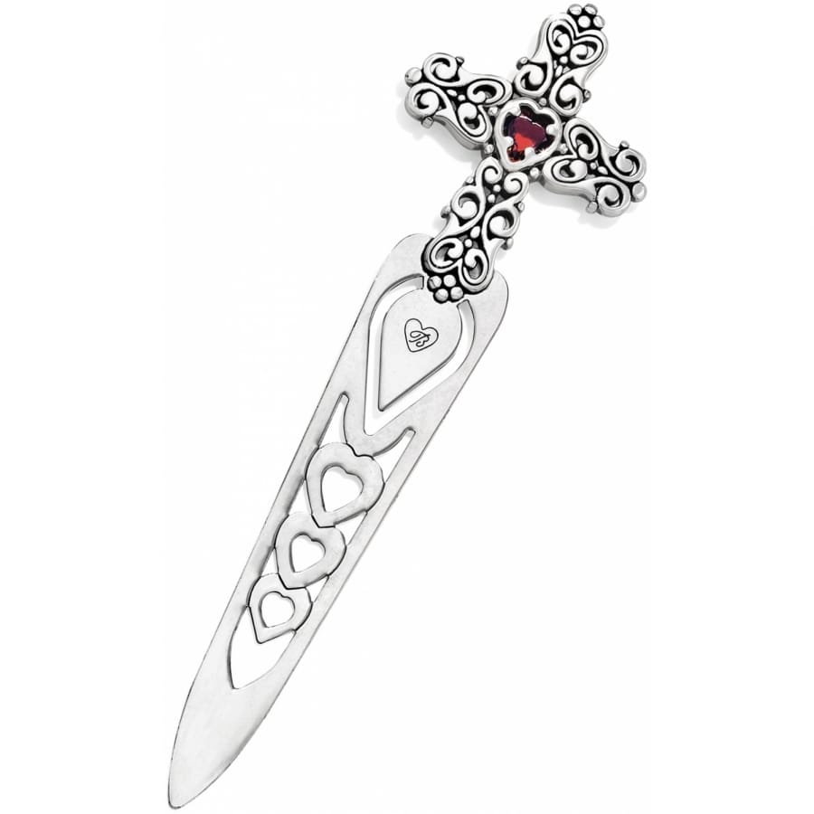 Brighton silver-plated bookmark with ornate cross top, red heart crystal, and cutout heart blade on white background