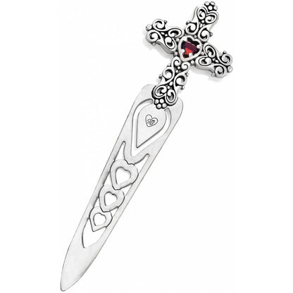 Brighton silver-plated bookmark with ornate cross top, red heart crystal, and cutout heart blade on white background
