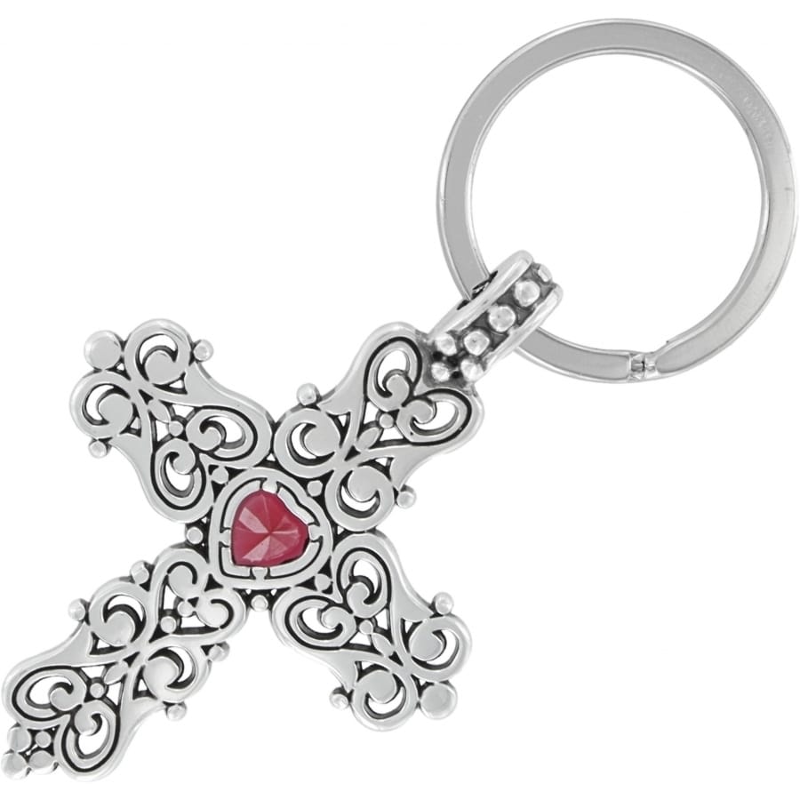 Brighton cross keychain with silver-plated scrollwork design, pink heart-shaped crystal center, and split ring on white background
