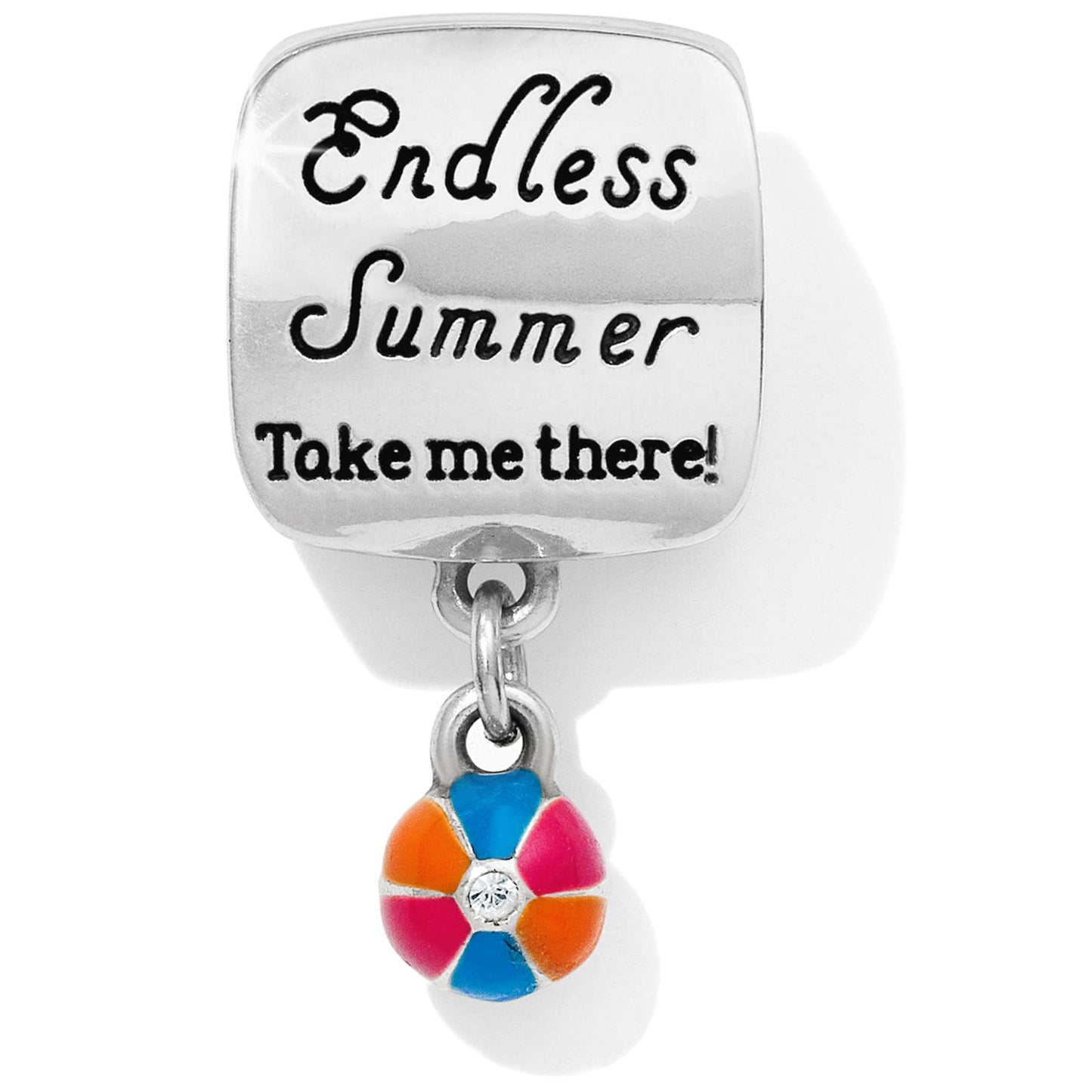 Brighton silver-plated charm engraved Endless Summer Take me there with dangling multicolor enamel beach ball on a white background