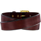 Brighton burgundy leather belt coiled with gold-tone buckle and visible adjustment holes on a white background