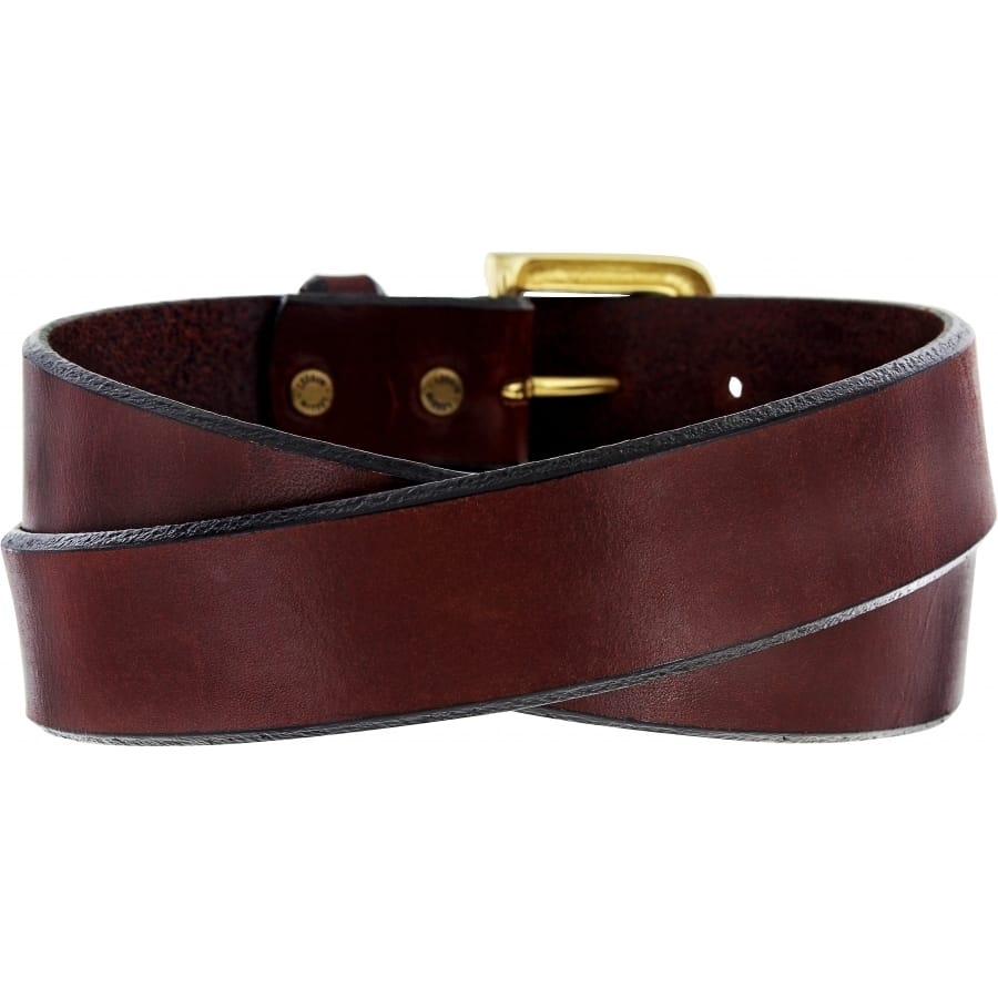Brighton burgundy leather belt coiled with gold-tone buckle and visible adjustment holes on a white background