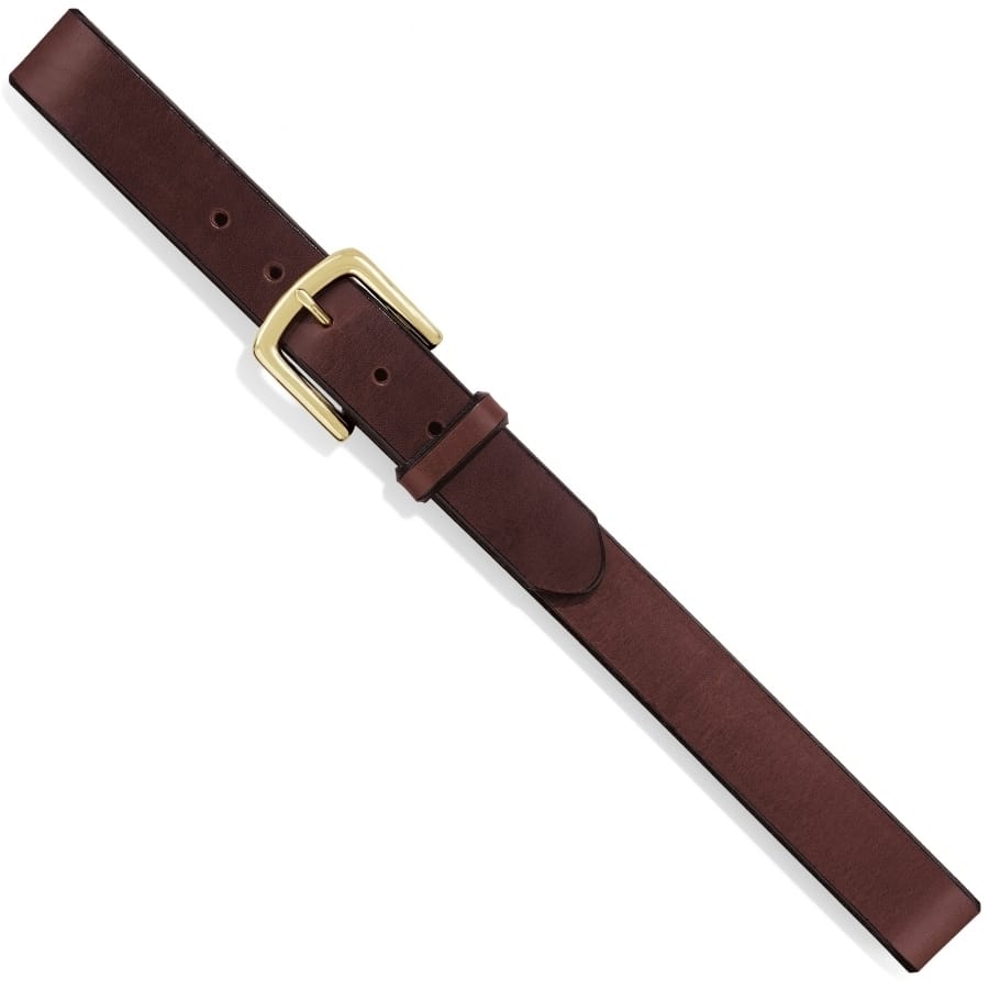 Brighton brown leather belt with gold-tone rectangular buckle and single-prong closure on a white background