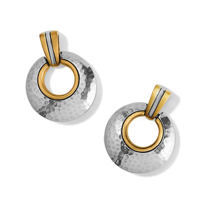 Brighton drop earrings with hammered silver-tone discs and gold-tone ring accents on a white background