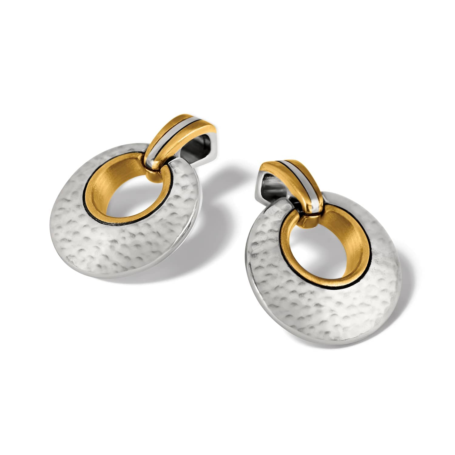 Brighton drop earrings with hammered silver-tone discs and two-tone gold accent rings on a white background