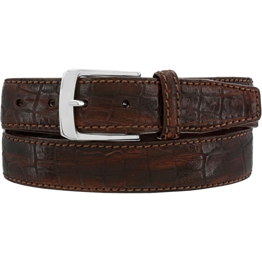 Brighton belt in brown crocodile-embossed leather with silver-tone buckle and stitched edges on a white background