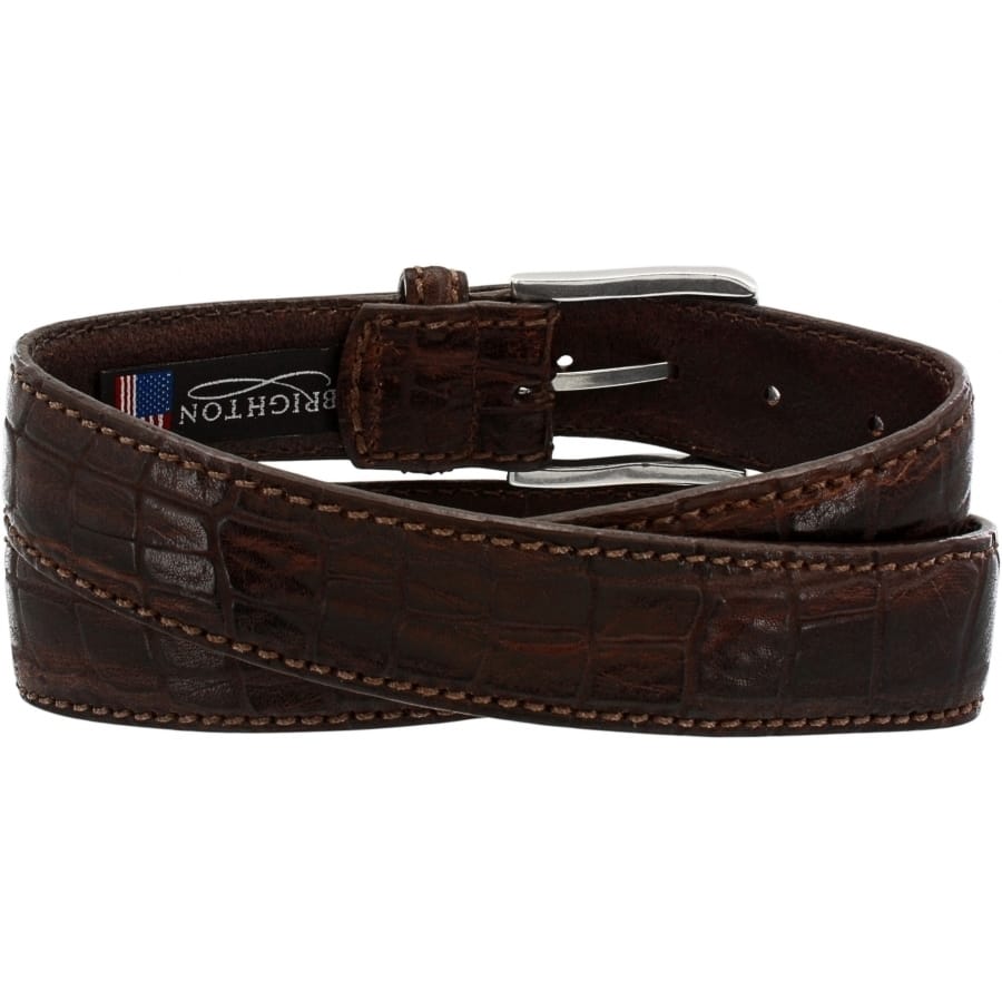 Brighton belt in brown leather with crocodile-embossed texture and silver-tone buckle on a white background
