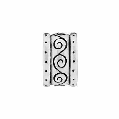 Brighton silver-plated spacer charm with scroll swirl motif and dotted side borders on a white background