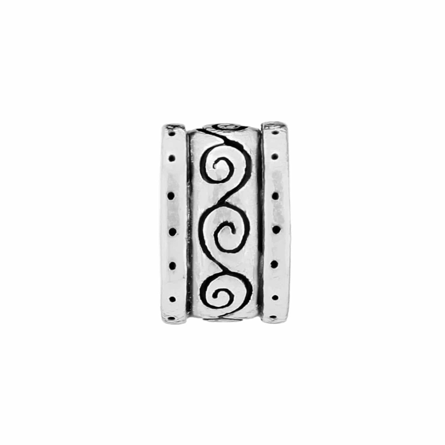 Brighton silver-plated spacer charm with scroll swirl motif and dotted side borders on a white background