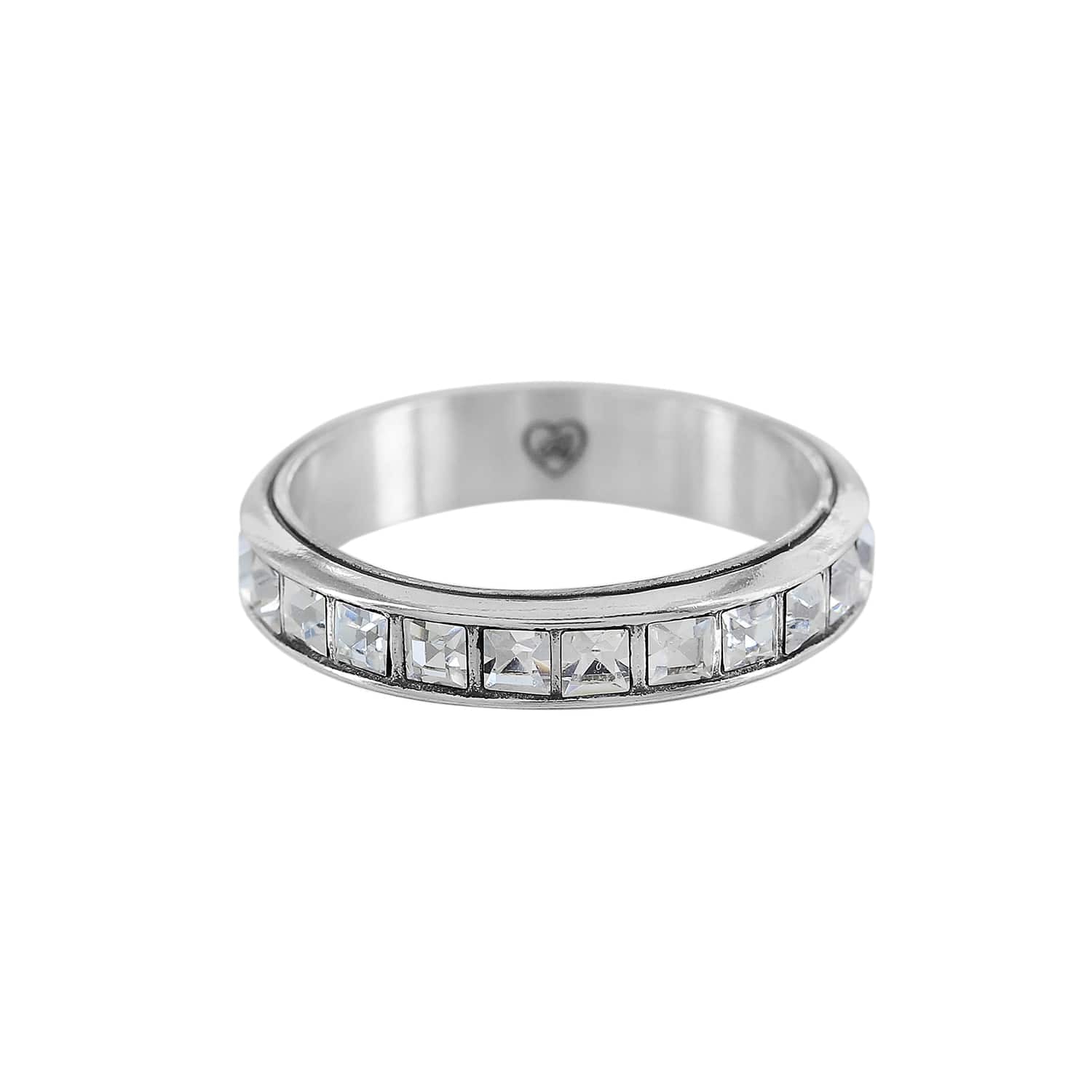 Brighton silver-plated band ring with channel-set square crystals along the front on a white background