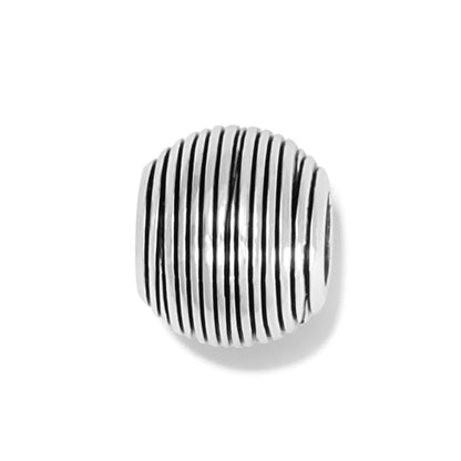 Brighton bead charm with silver-plated ribbed spherical design and horizontal grooved texture on a white background