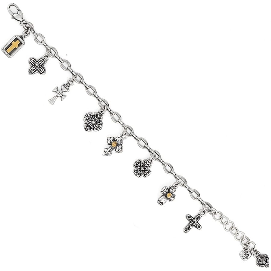 Brighton charm bracelet with silver-plated crosses, florals, and gold-plated accents on a white background