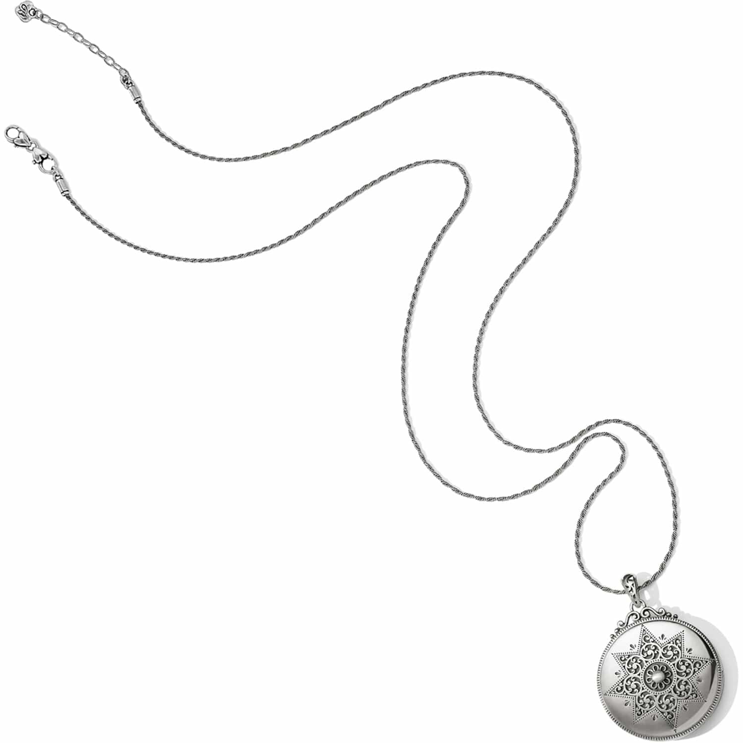 Brighton pendant necklace with silver-plated round locket featuring star and scroll filigree design on a white background
