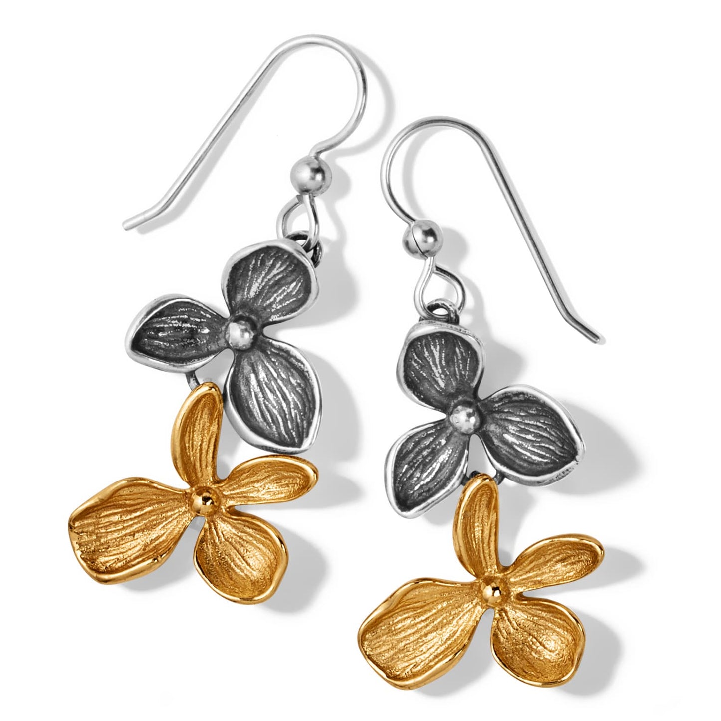 Brighton drop earrings with two-tone silver and gold flower charms on French hooks on a white background