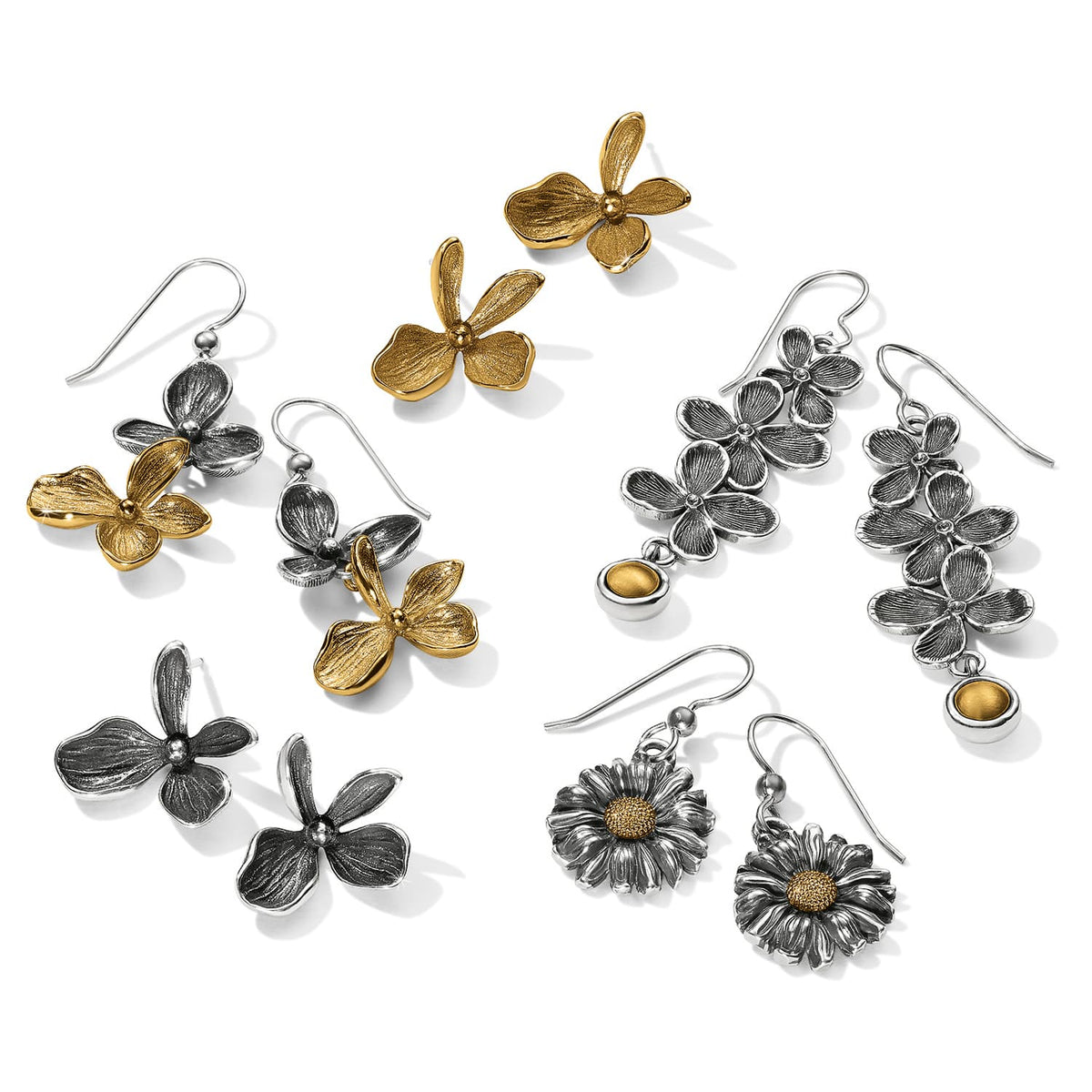 Brighton earrings collection with two-tone floral designs in silver and gold finishes on a white background