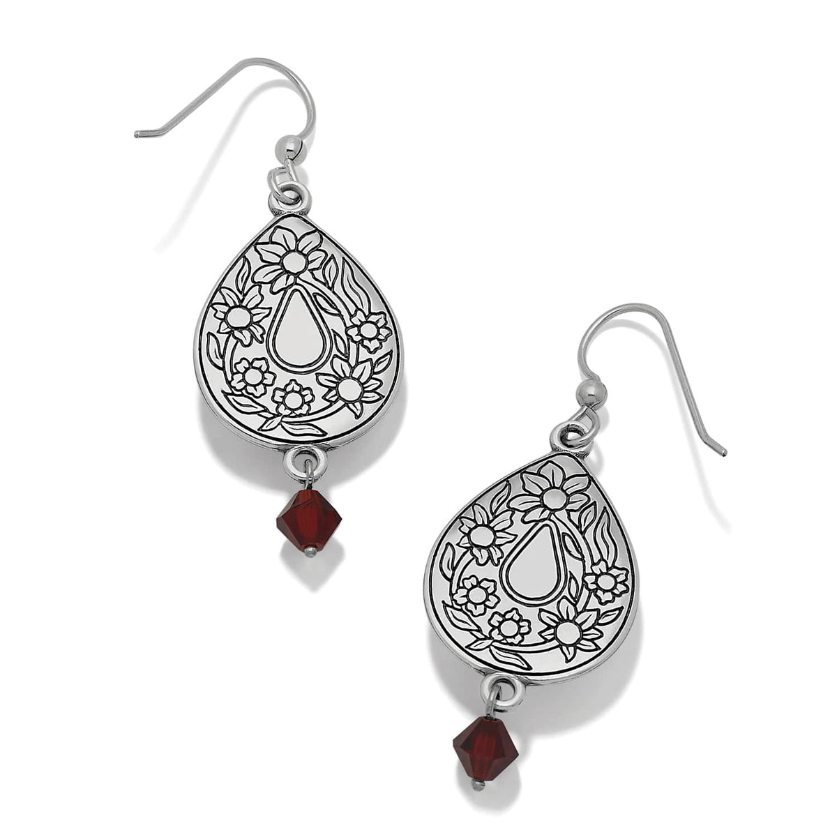 Brighton silver-plated drop earrings with teardrop floral engraved design and red crystal accents on a white background