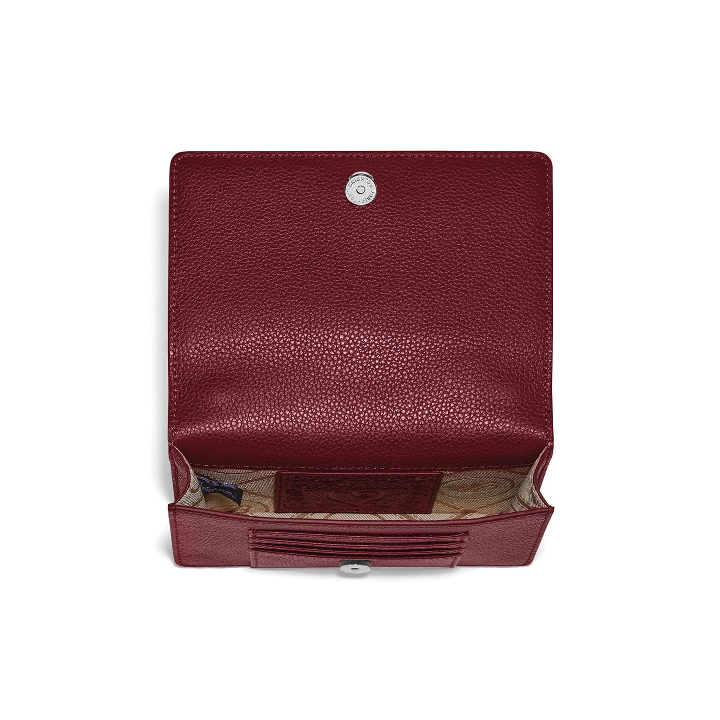 Brighton burgundy leather wallet shown open with card slots, patterned fabric interior, and silver-tone snap closure on a white background