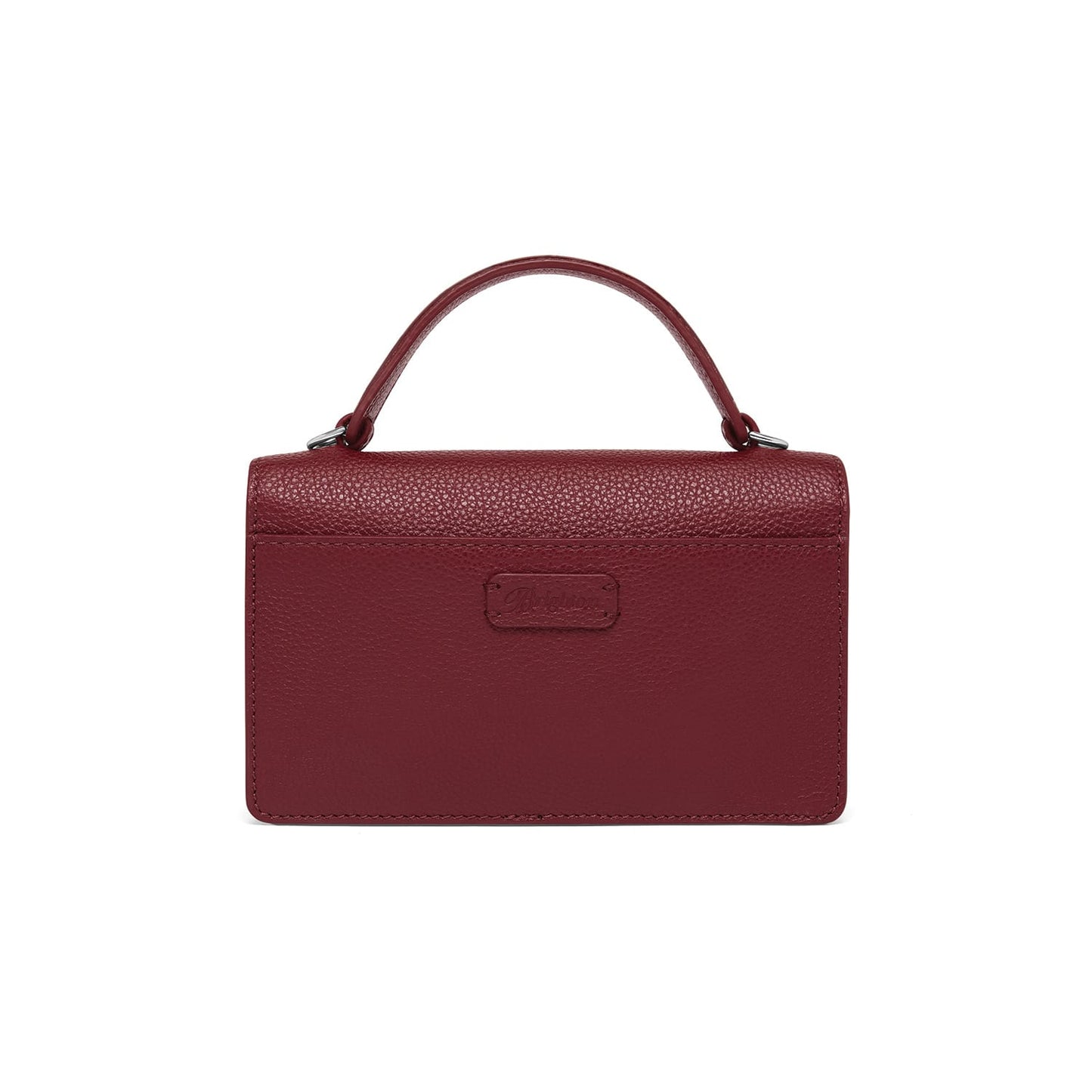 Brighton handbag shown from the back in burgundy pebbled leather with top handle and logo patch on a white background