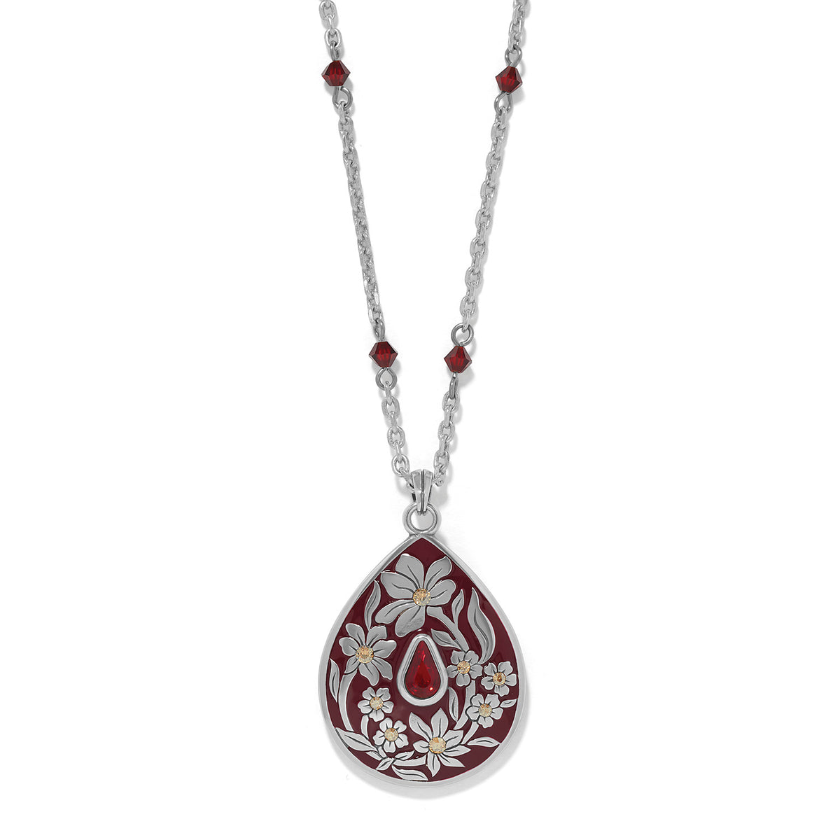 Brighton silver-plated pendant necklace with red enamel teardrop, white floral design, and red crystal beads on a white background