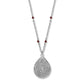 Brighton teardrop pendant necklace with silver-plated floral engraving and red crystal bead accents on a white background