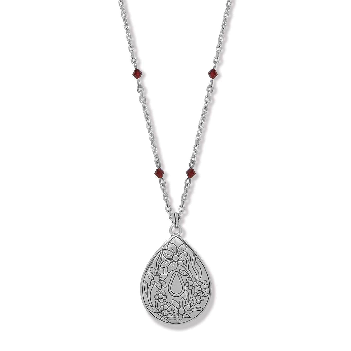 Brighton teardrop pendant necklace with silver-plated floral engraving and red crystal bead accents on a white background