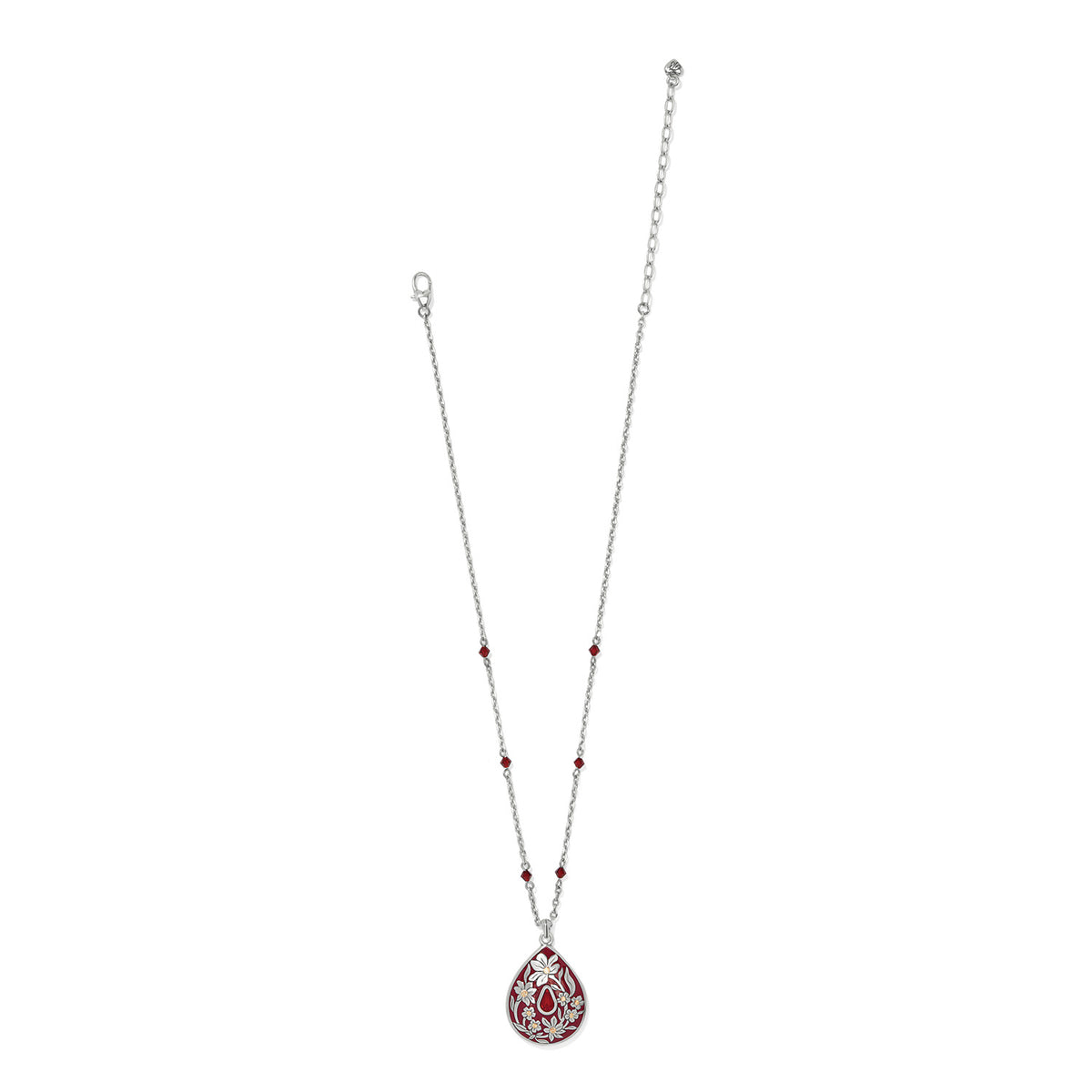 Brighton pendant necklace with red enamel teardrop, floral design, silver-plated chain, and red crystal beads on a white background