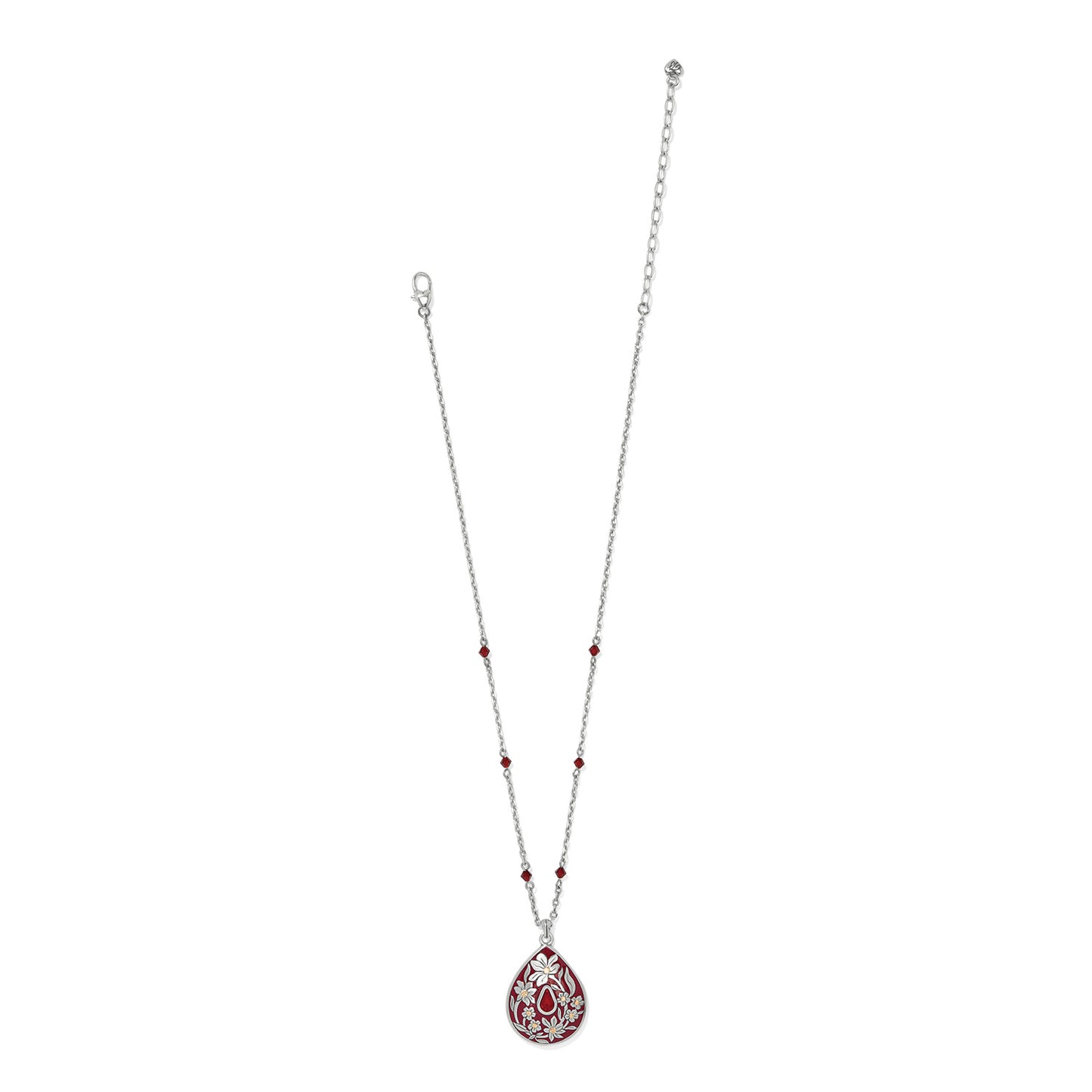 Brighton pendant necklace with red enamel teardrop, floral design, silver-plated chain, and red crystal beads on a white background