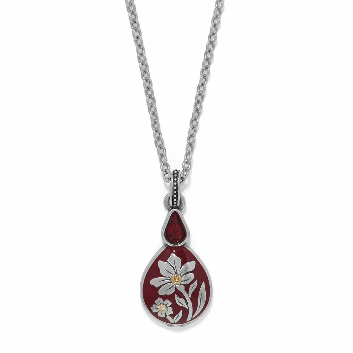 Brighton pendant necklace with red enamel teardrop, silver-plated floral design, and red crystal accent on a white background