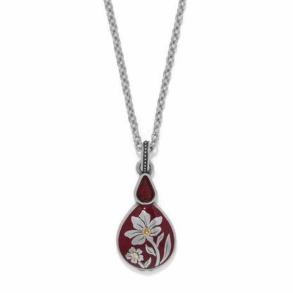 Brighton pendant necklace with red enamel teardrop, silver-plated floral design, and red crystal accent on a white background