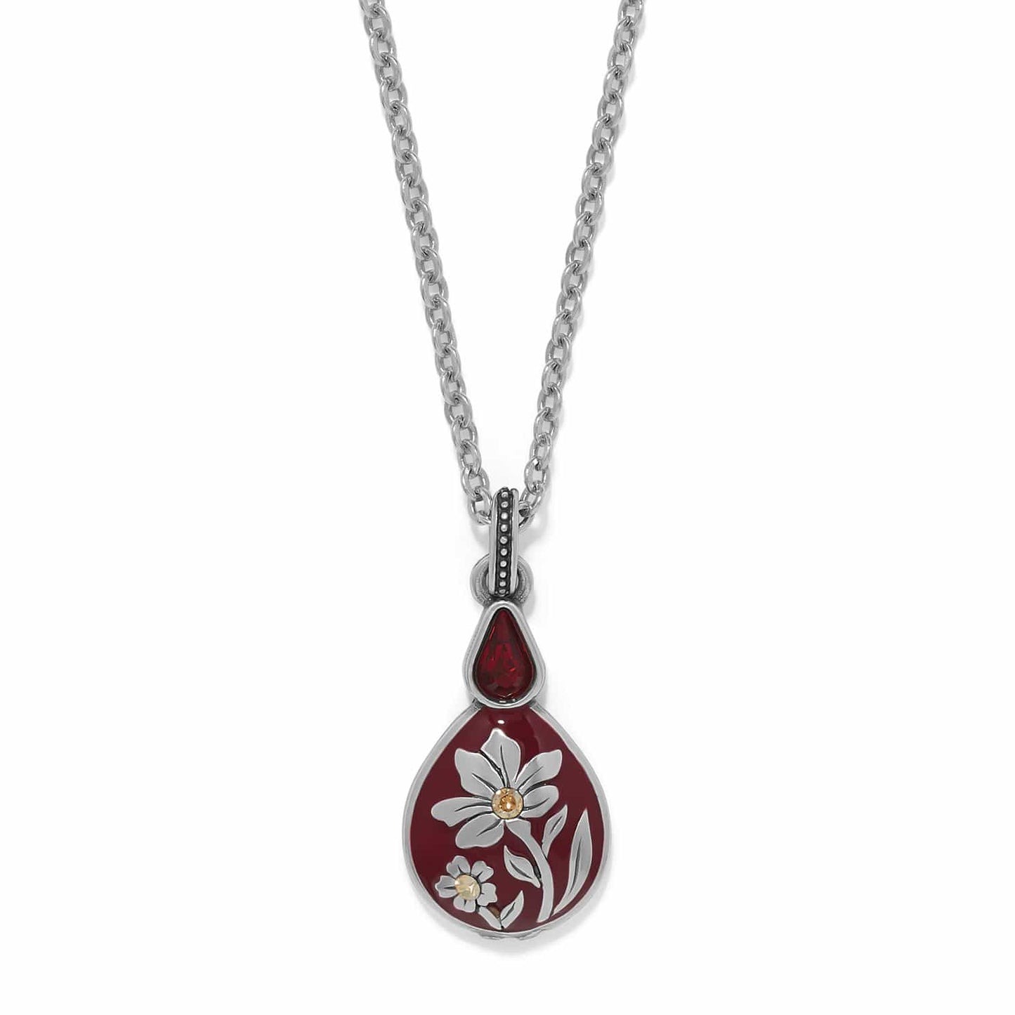 Brighton pendant necklace with red enamel teardrop, silver-plated floral design, and red crystal accent on a white background