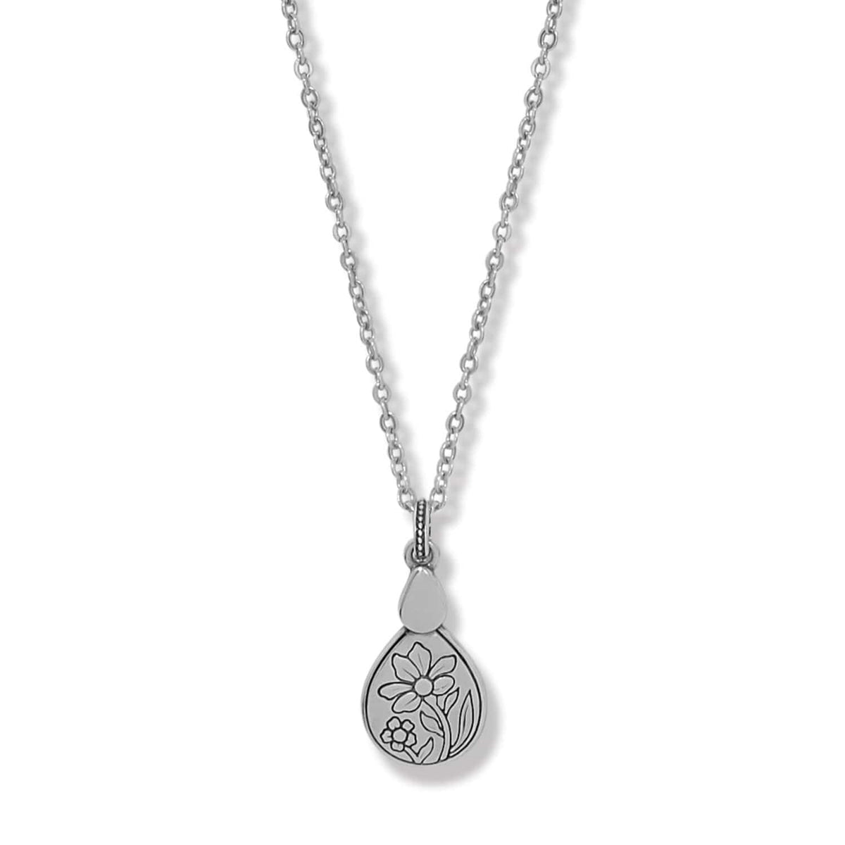 Brighton pendant necklace with silver-plated teardrop featuring engraved floral design on a white background